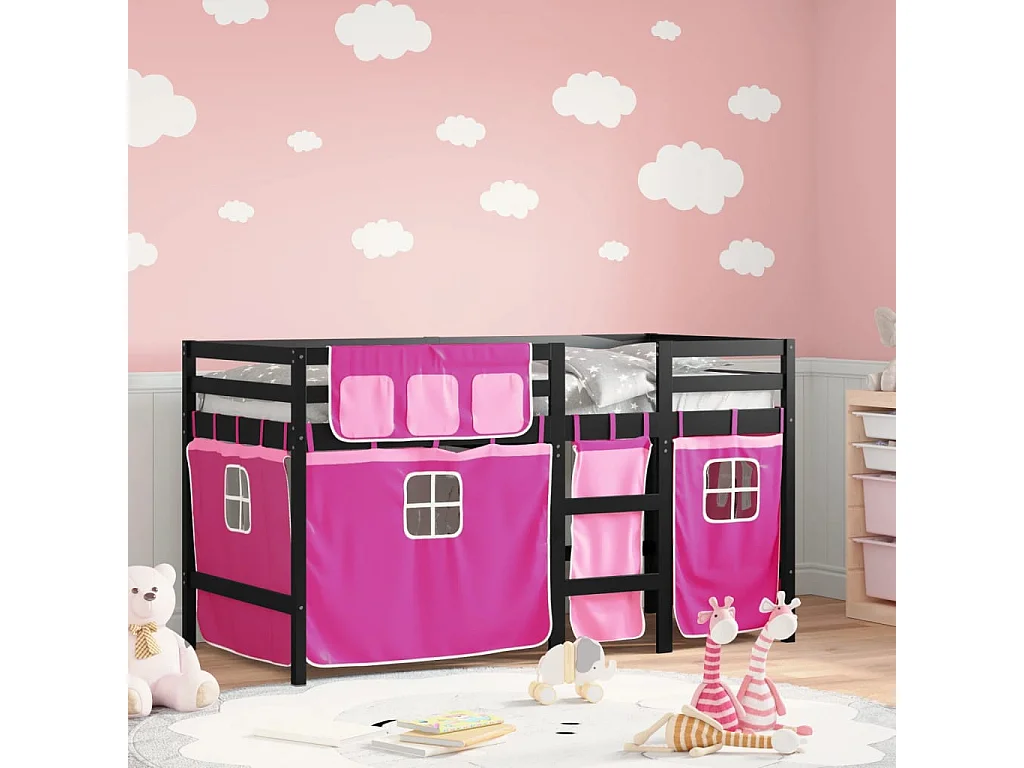 Lit mezzanine enfants et rideaux rose 80x200 bois pin massif