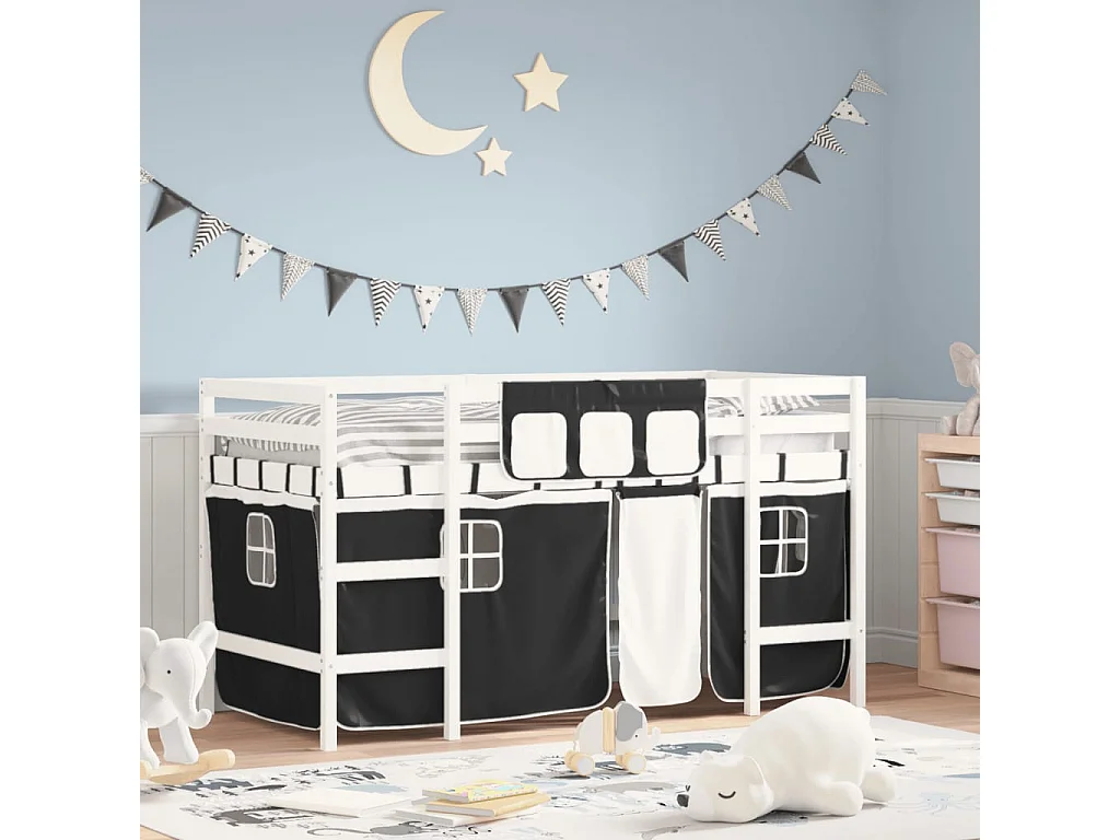 Lit mezzanine enfants et rideaux blanc-noir 90x200 pin massif