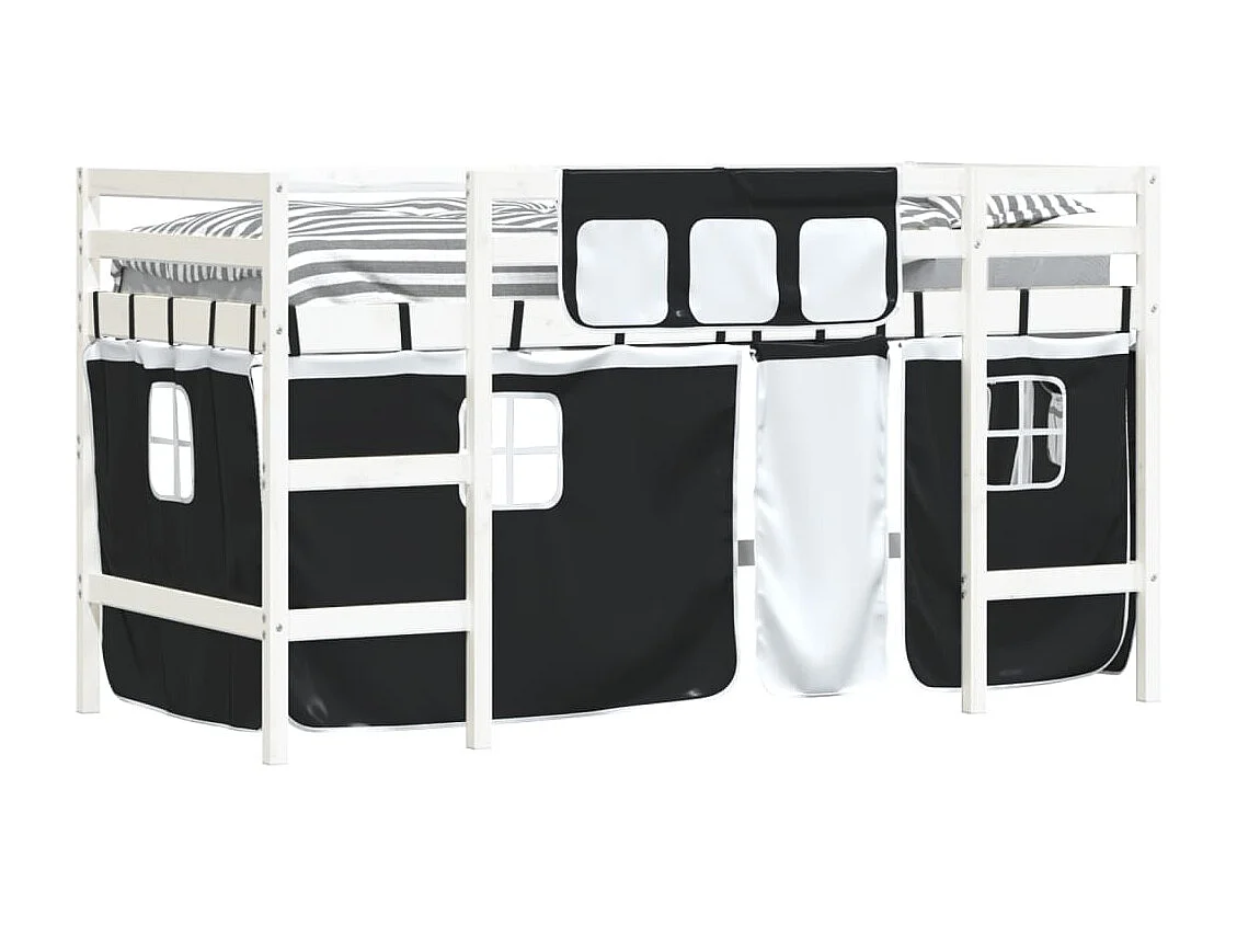Lit mezzanine enfants et rideaux blanc-noir 90x200 pin massif