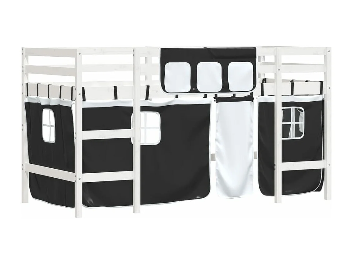 Lit mezzanine enfants et rideaux blanc-noir 90x200 pin massif