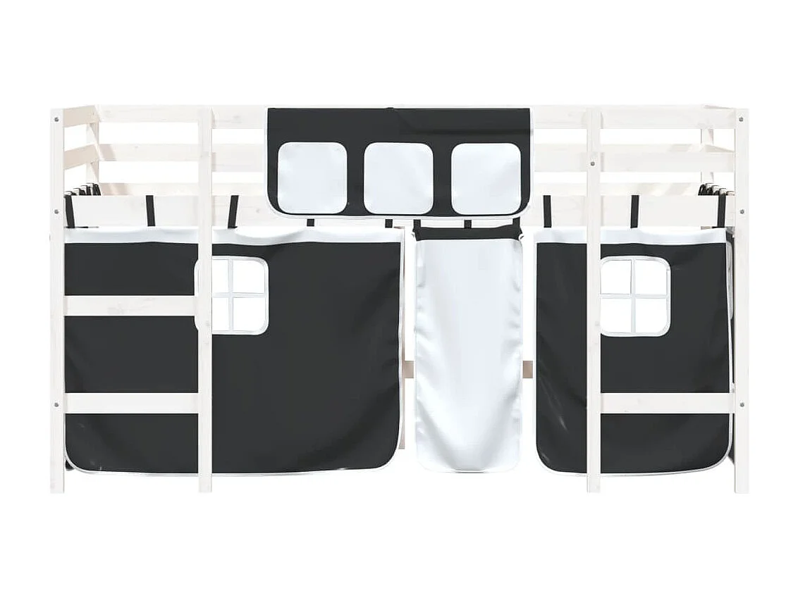 Lit mezzanine enfants et rideaux blanc-noir 90x200 pin massif