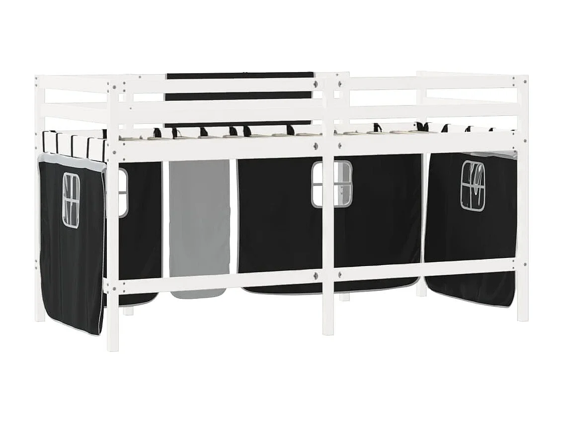 Lit mezzanine enfants et rideaux blanc-noir 90x200 pin massif