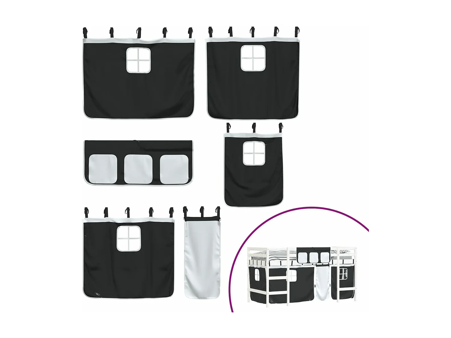 Lit mezzanine enfants et rideaux blanc-noir 90x200 pin massif