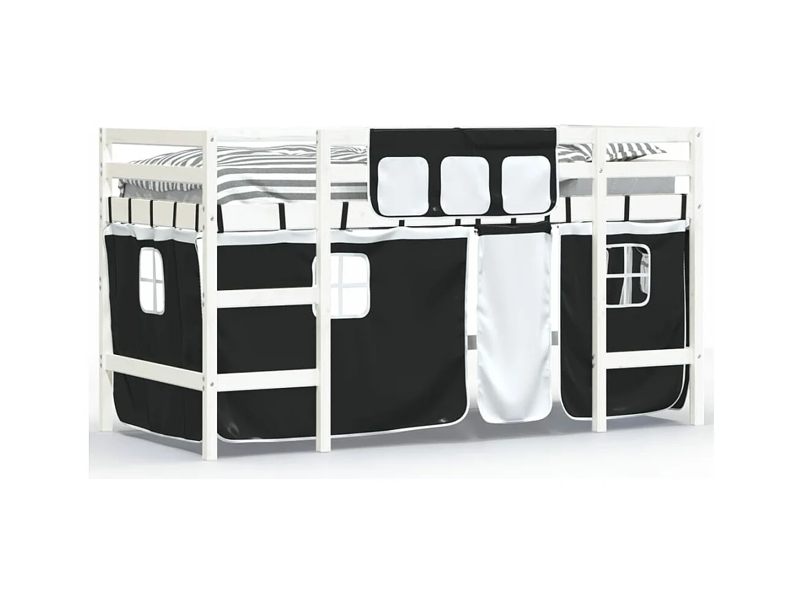 Lit mezzanine enfants et rideaux blanc-noir 90x200 pin massif