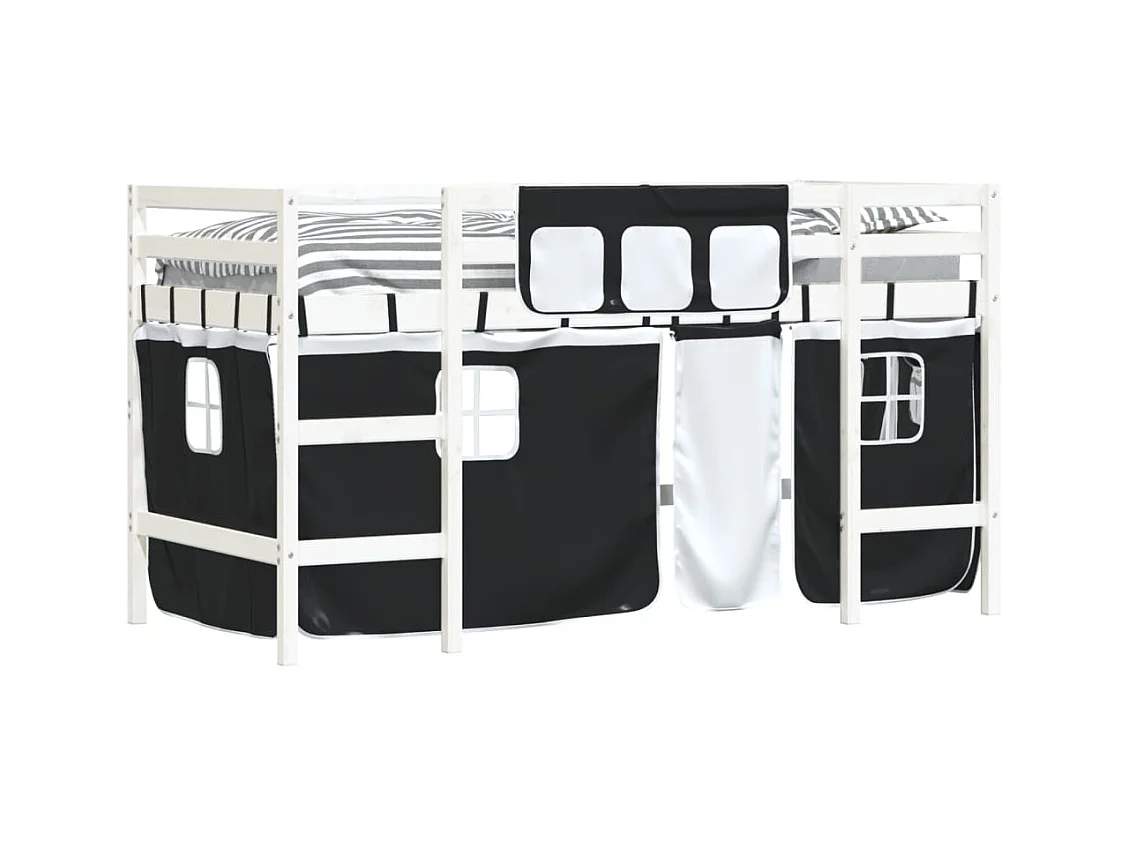 Lit mezzanine enfants et rideaux blanc-noir 90x200 pin massif