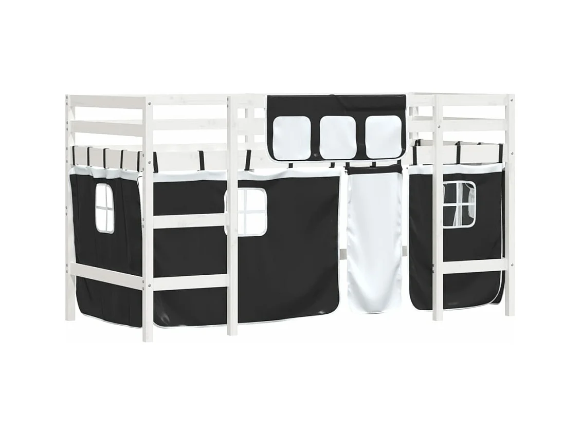 Lit mezzanine enfants et rideaux blanc-noir 90x200 pin massif
