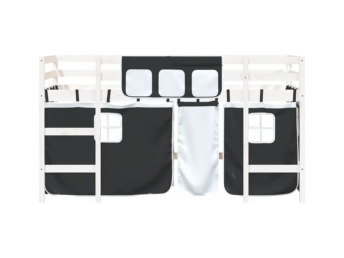 Lit mezzanine enfants et rideaux blanc-noir 90x200 pin massif