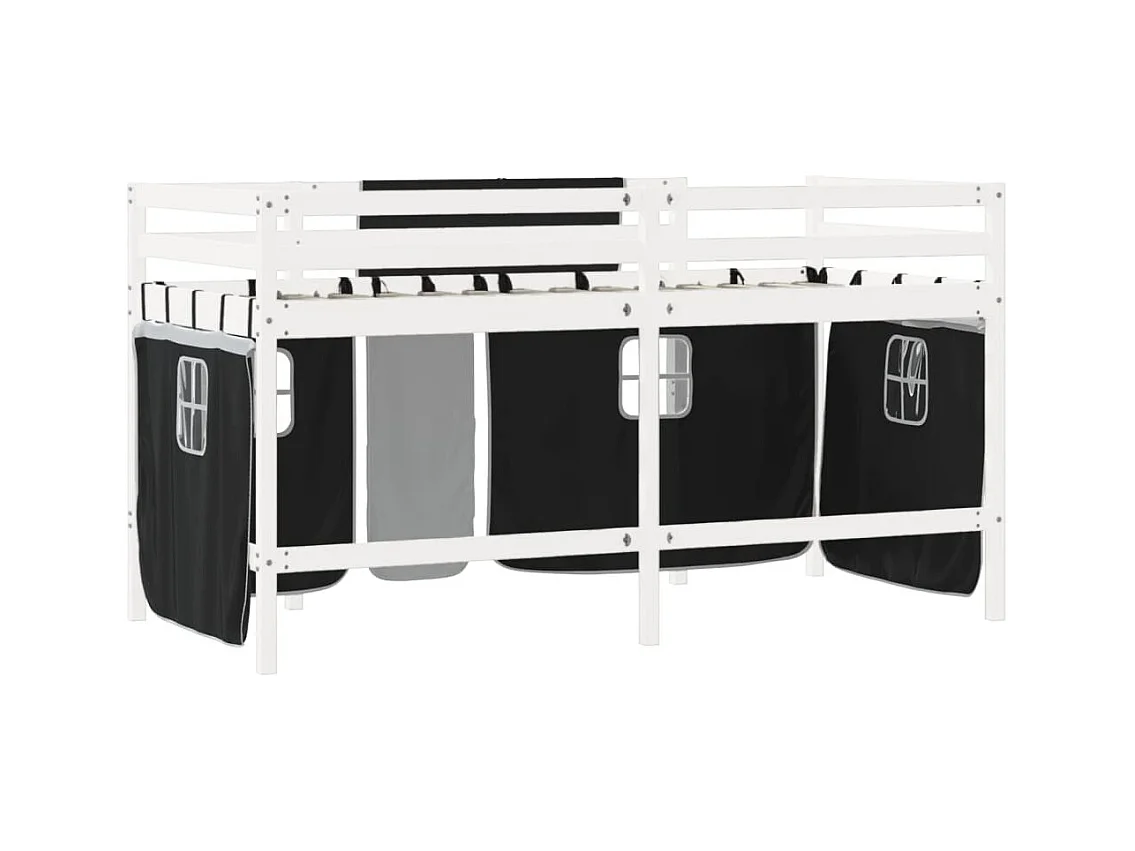 Lit mezzanine enfants et rideaux blanc-noir 90x200 pin massif