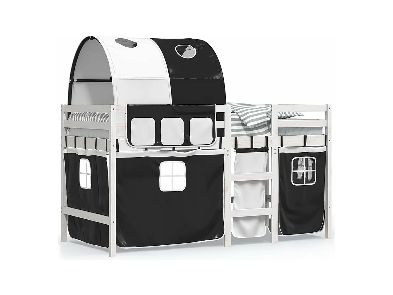 Lit mezzanine enfants et tunnel blanc-noir 80x200 pin massif