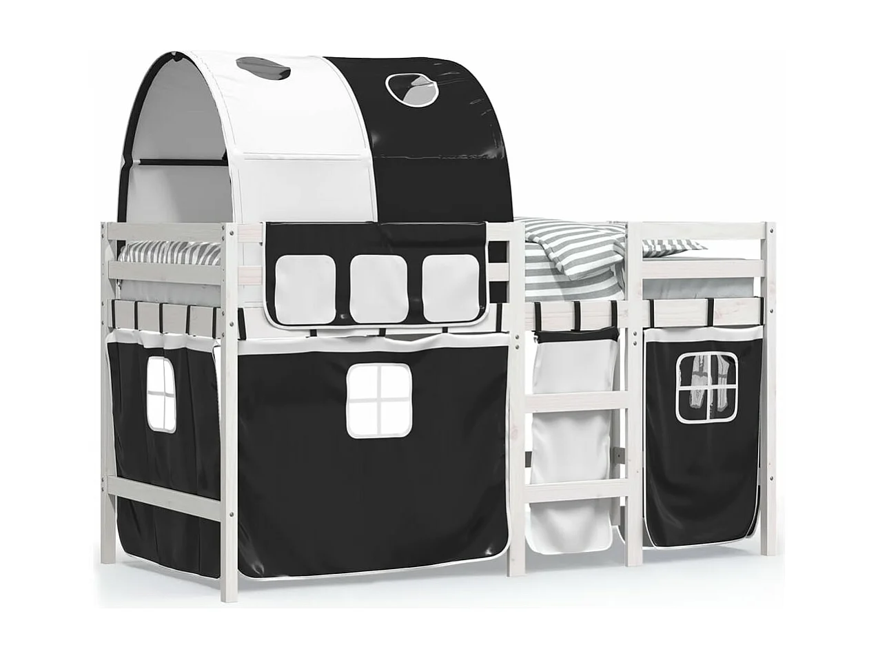 Lit mezzanine enfants et tunnel blanc-noir 80x200 pin massif