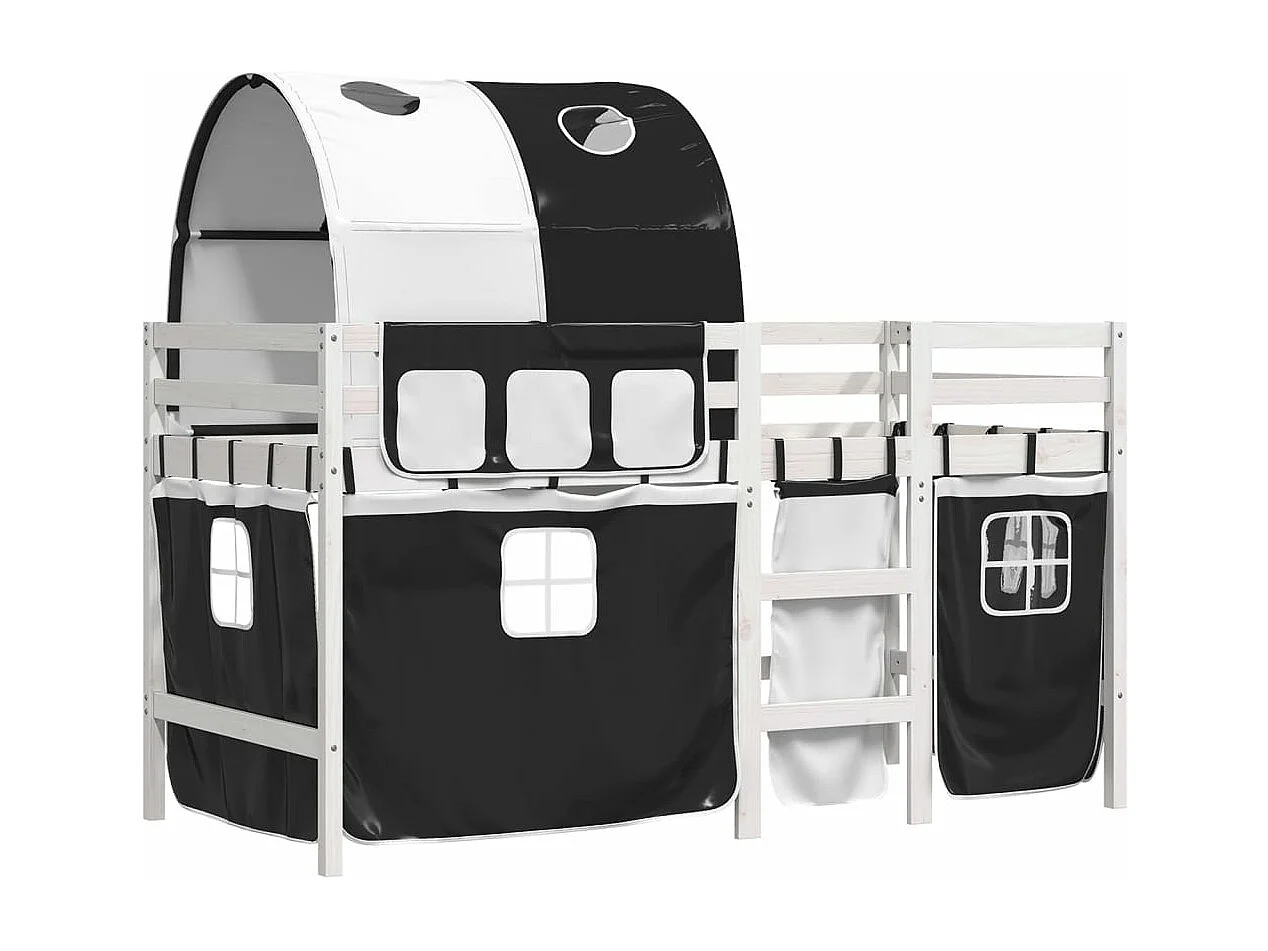 Lit mezzanine enfants et tunnel blanc-noir 80x200 pin massif