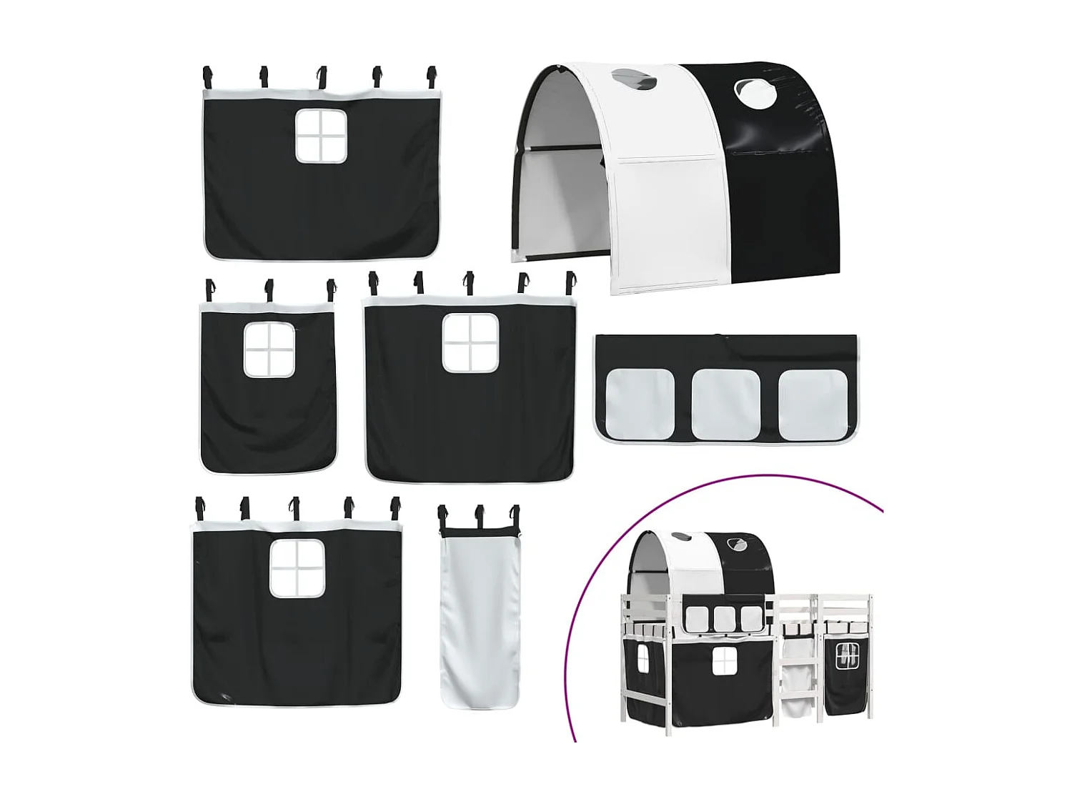 Lit mezzanine enfants et tunnel blanc-noir 80x200 pin massif