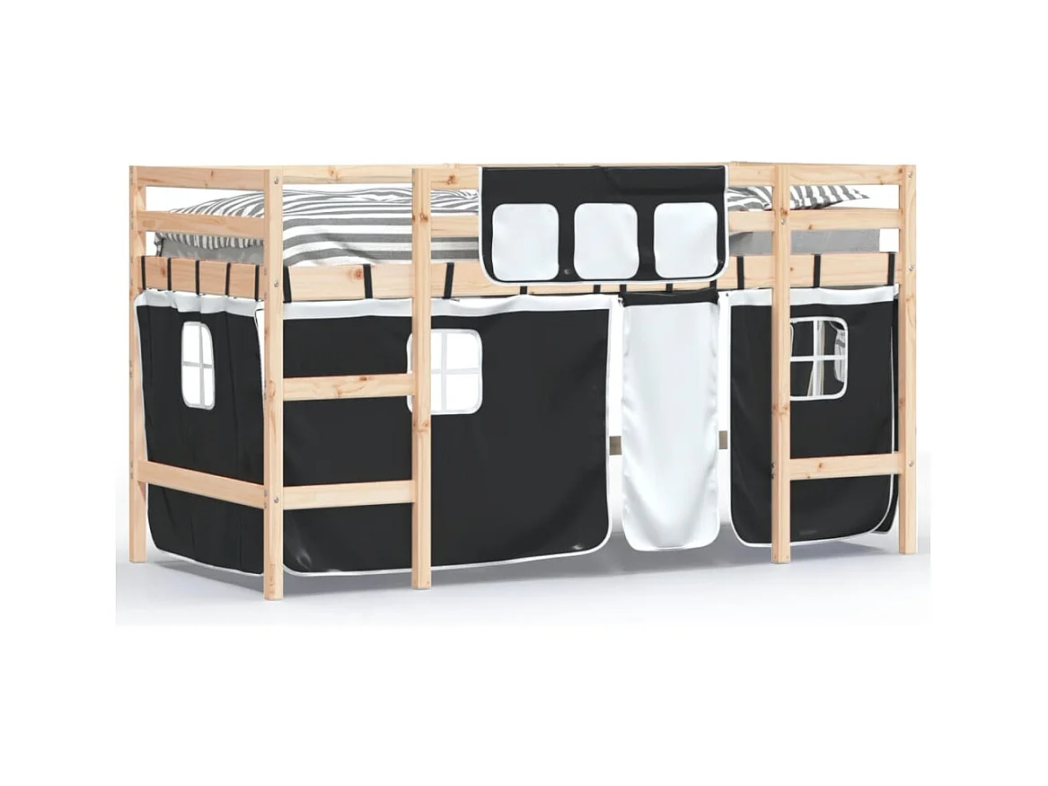 Lit mezzanine enfants et rideaux blanc-noir 90x190 pin massif