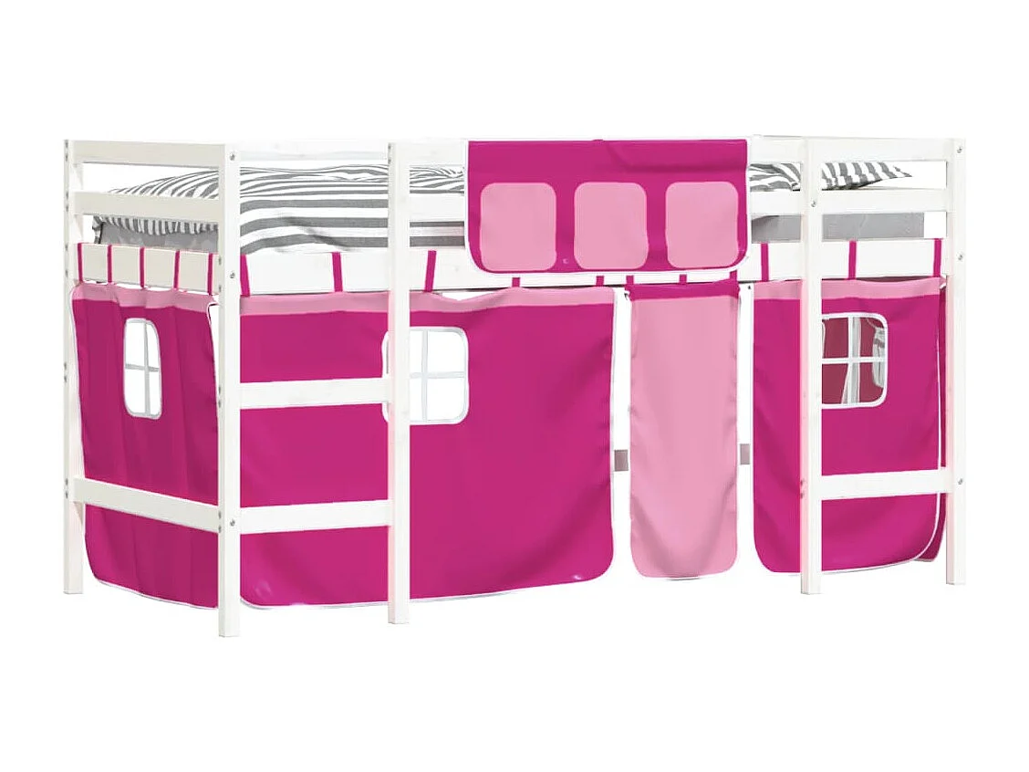 Lit mezzanine enfants et rideaux rose 80x200 bois pin massif