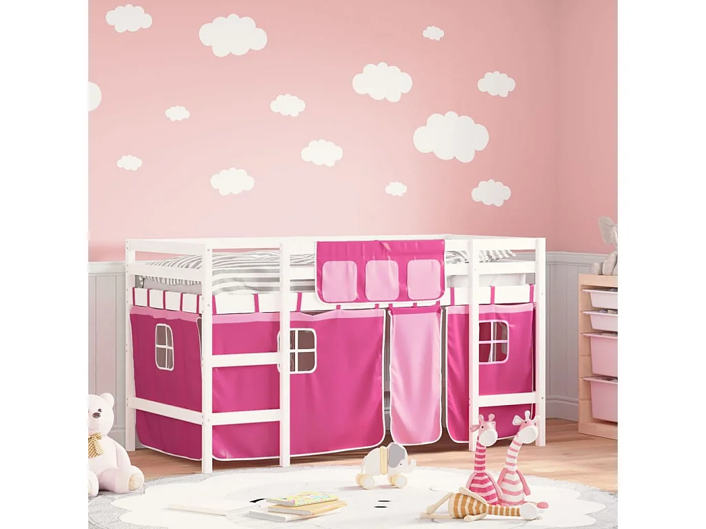 Lit mezzanine enfants et rideaux rose 80x200 bois pin massif