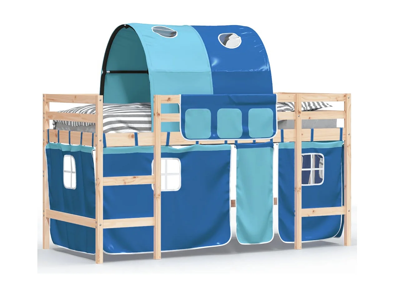 Lit mezzanine enfants avec tunnel bleu 90x200 bois pin massif