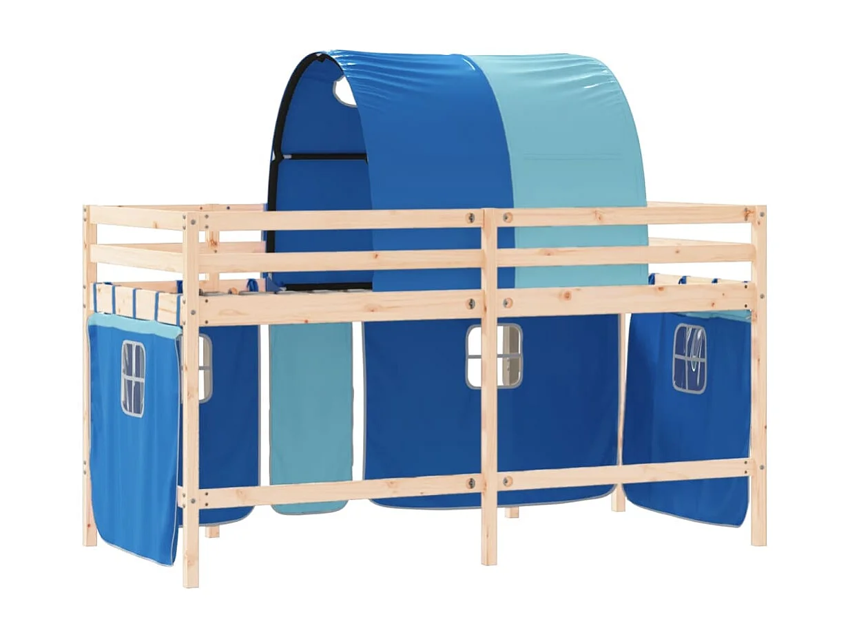 Lit mezzanine enfants avec tunnel bleu 90x200 bois pin massif