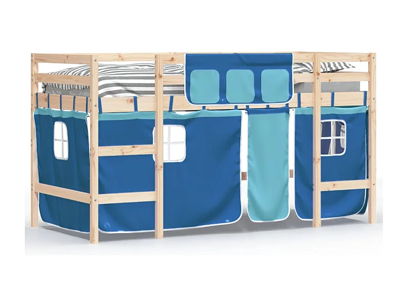 Lit mezzanine enfants et rideaux bleu 80x200 bois pin massif