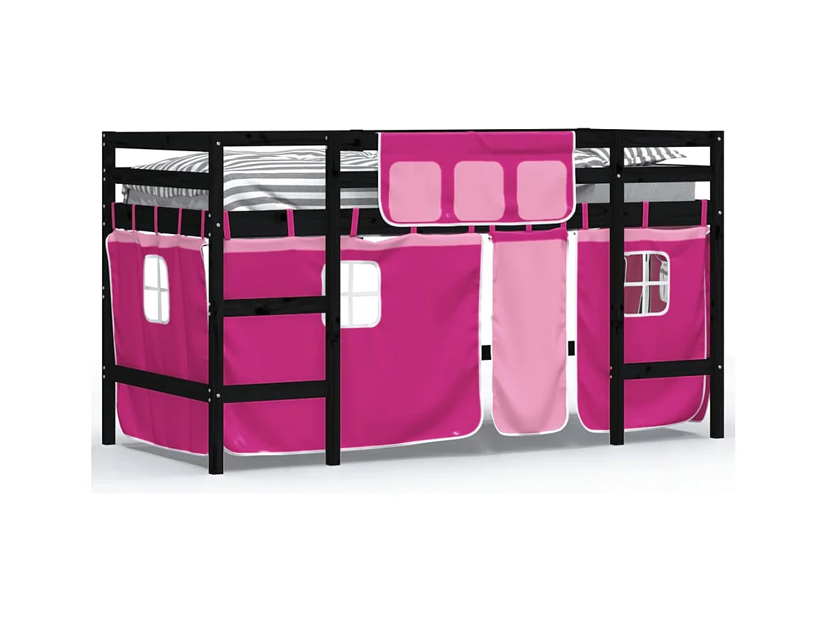 Lit mezzanine enfants et rideaux rose 90x190 bois pin massif