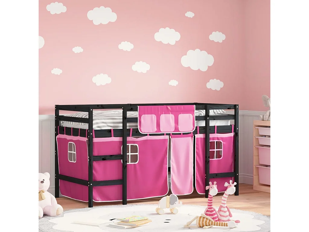 Lit mezzanine enfants et rideaux rose 90x190 bois pin massif