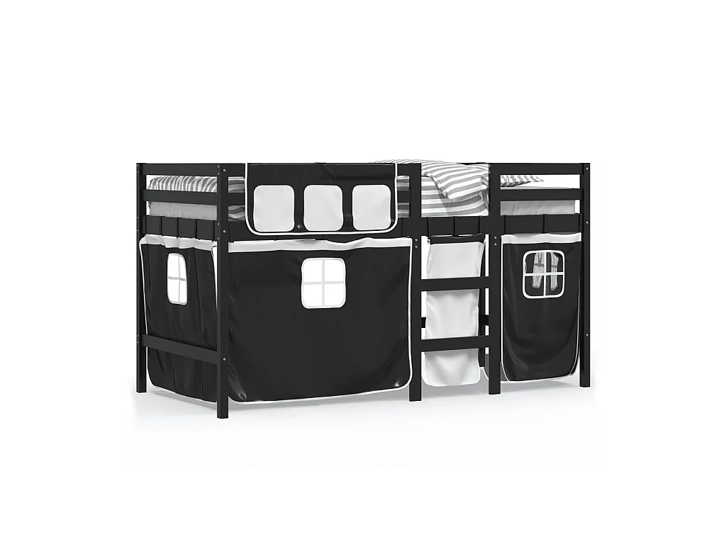 Lit mezzanine enfants et rideaux blanc-noir 80x200 pin massif