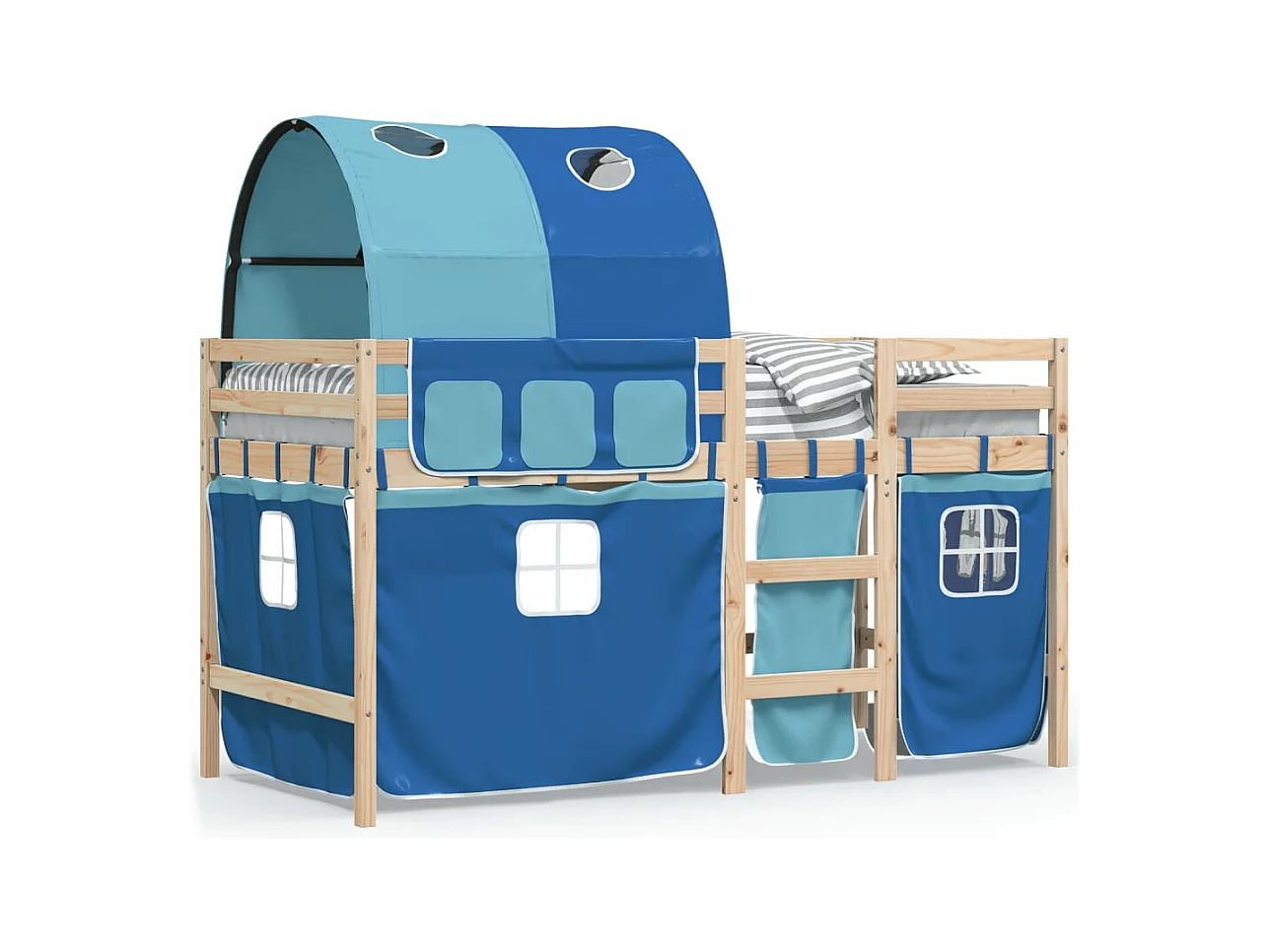 Lit mezzanine enfants et tunnel bleu 90x200 bois pin massif