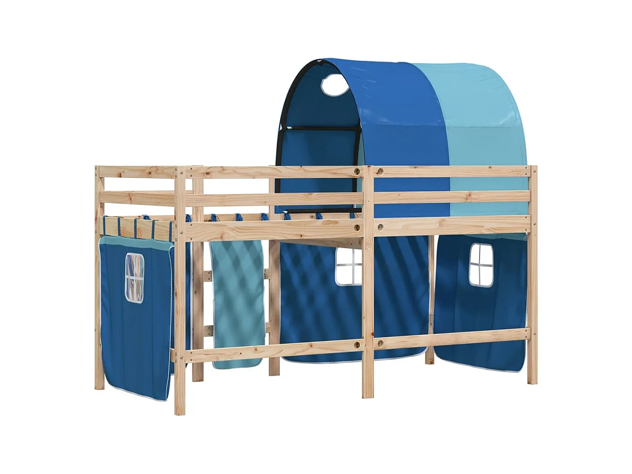 Lit mezzanine enfants et tunnel bleu 90x200 bois pin massif