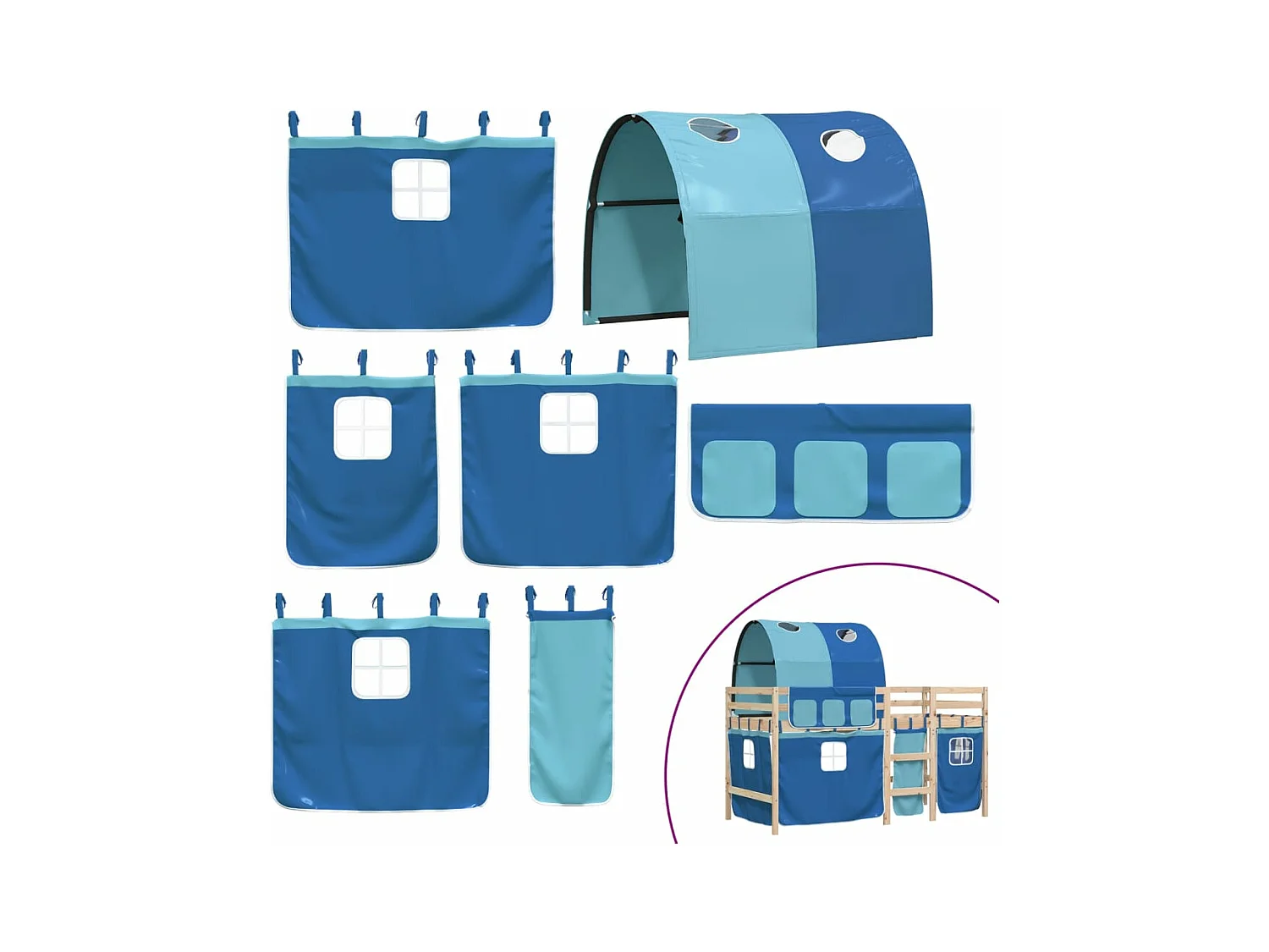Lit mezzanine enfants et tunnel bleu 90x200 bois pin massif