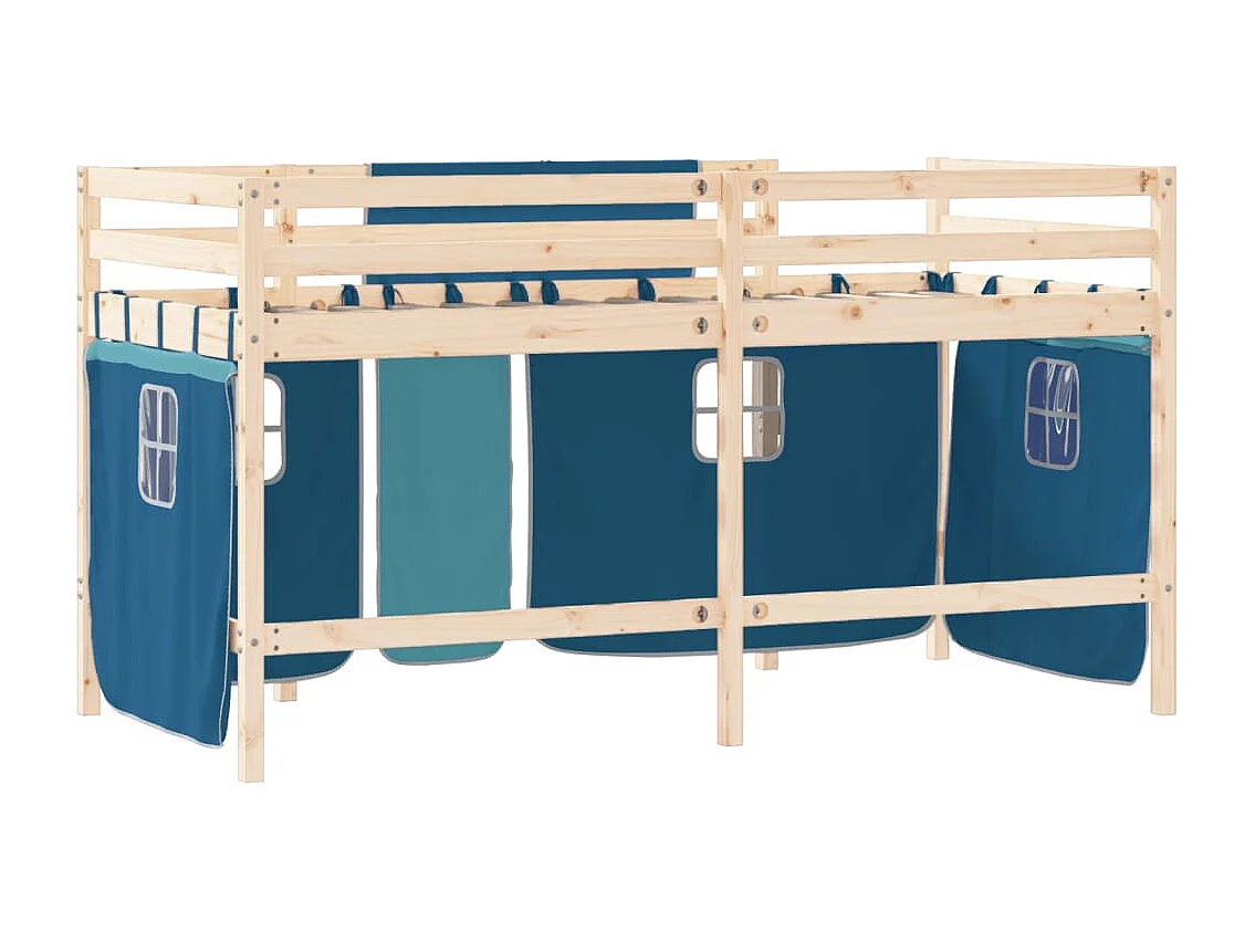 Lit mezzanine enfants et rideaux bleu 90x200 bois pin massif