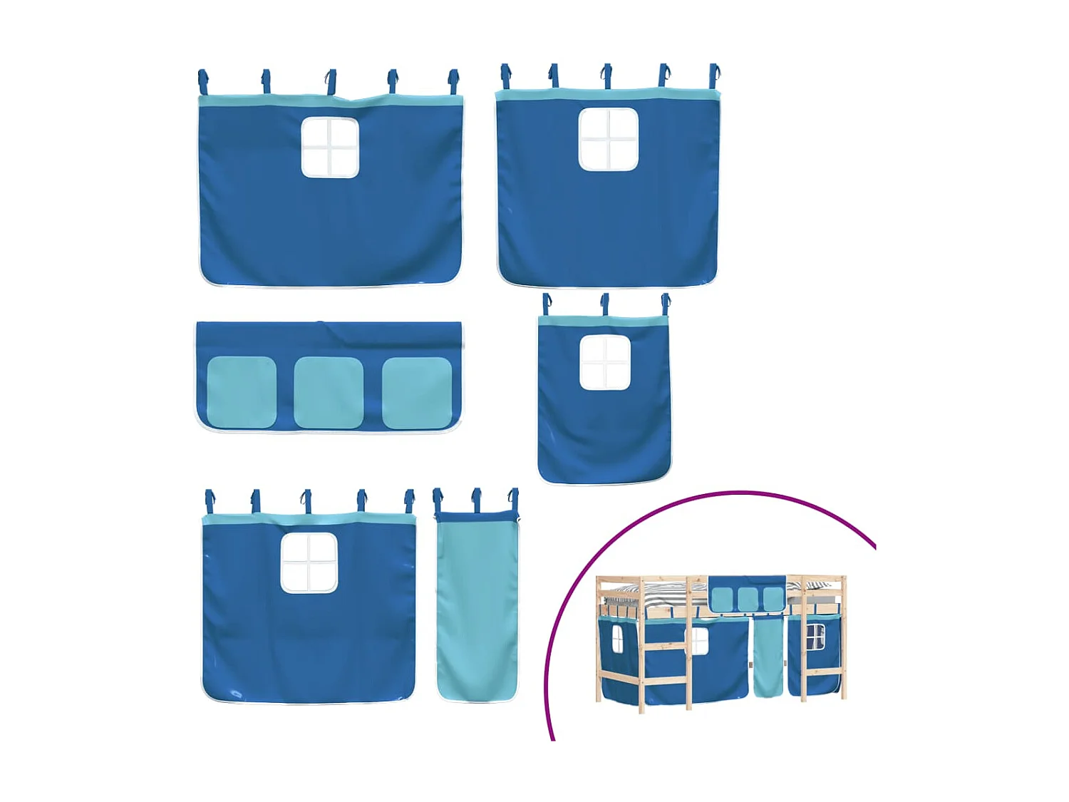 Lit mezzanine enfants et rideaux bleu 90x200 bois pin massif