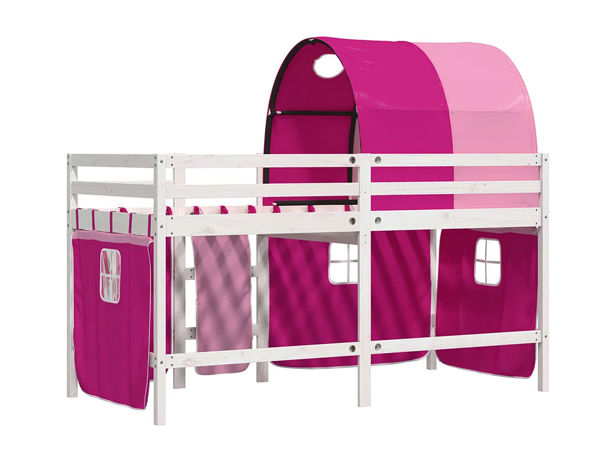 Lit mezzanine enfants avec tunnel rose 80x200 bois pin massif