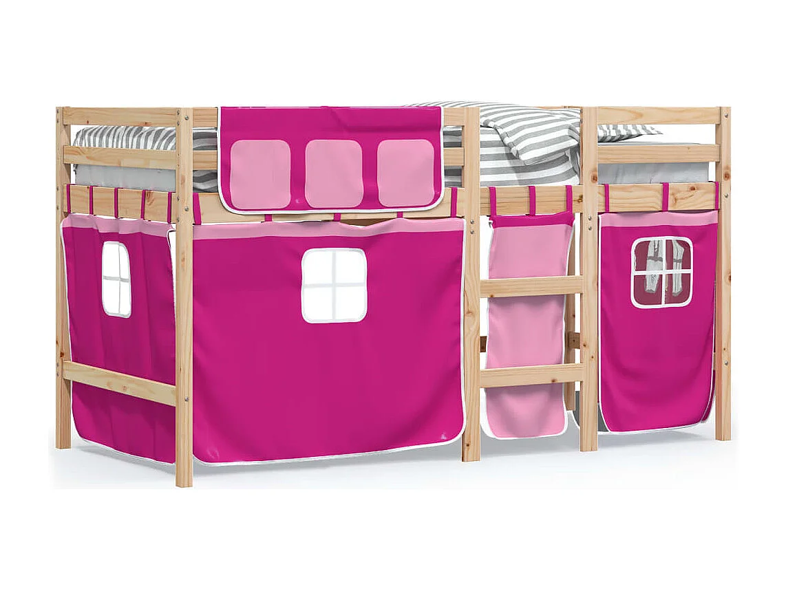 Lit mezzanine enfants et rideaux rose 90x200 bois pin massif