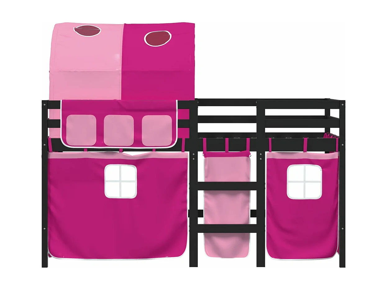 Lit mezzanine enfants avec tunnel rose 90x200 bois pin massif