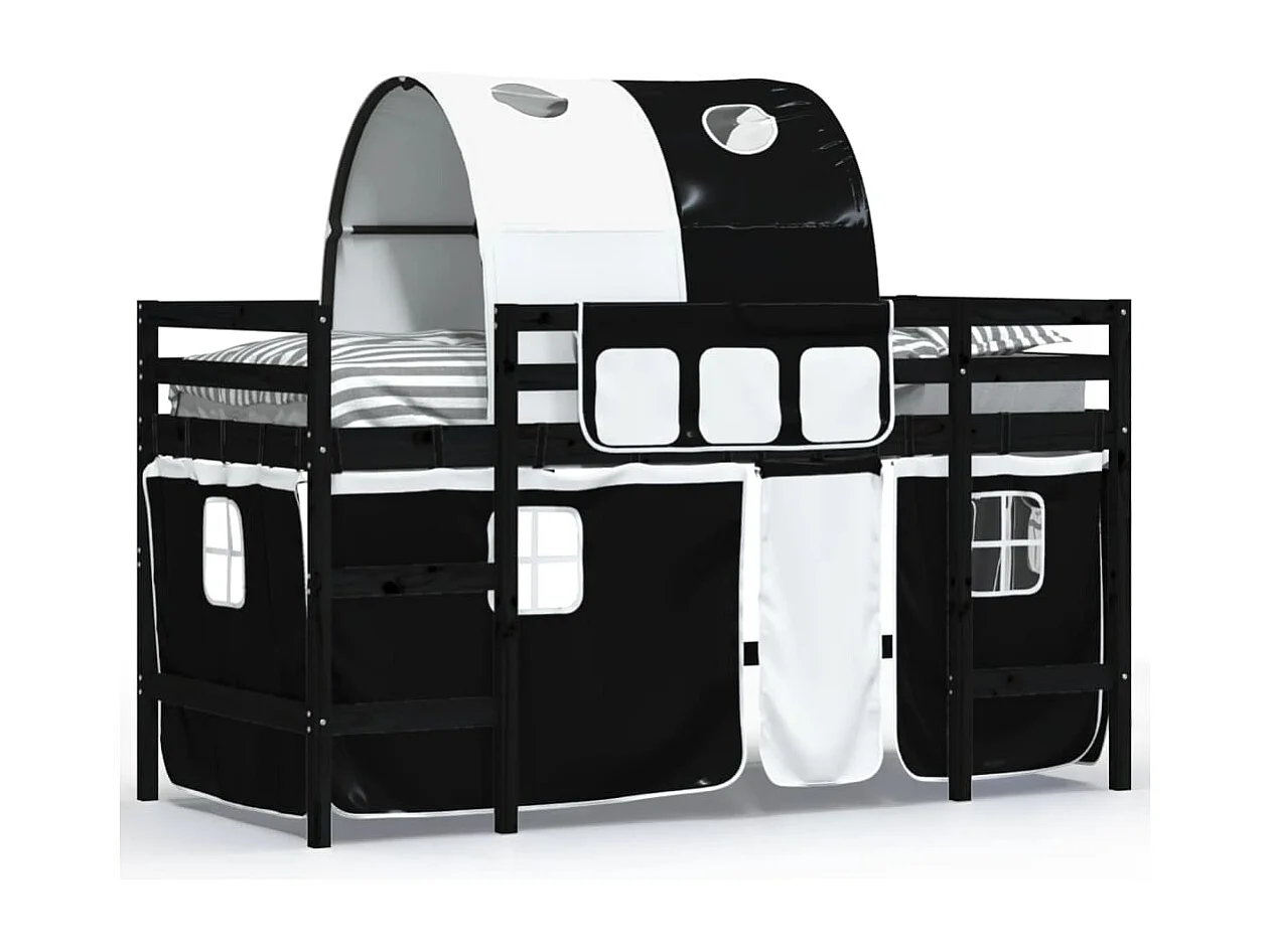 Lit mezzanine enfants et tunnel blanc-noir 80x200 pin massif