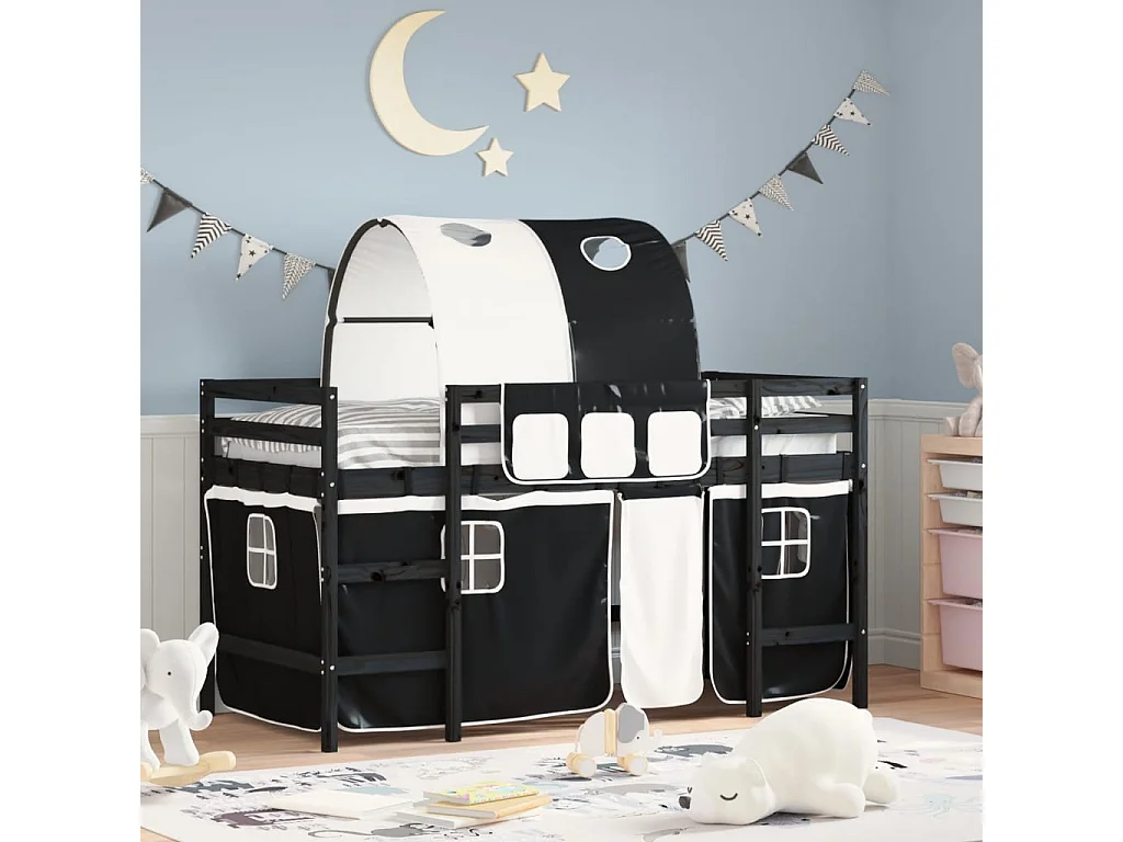 Lit mezzanine enfants et tunnel blanc-noir 80x200 pin massif