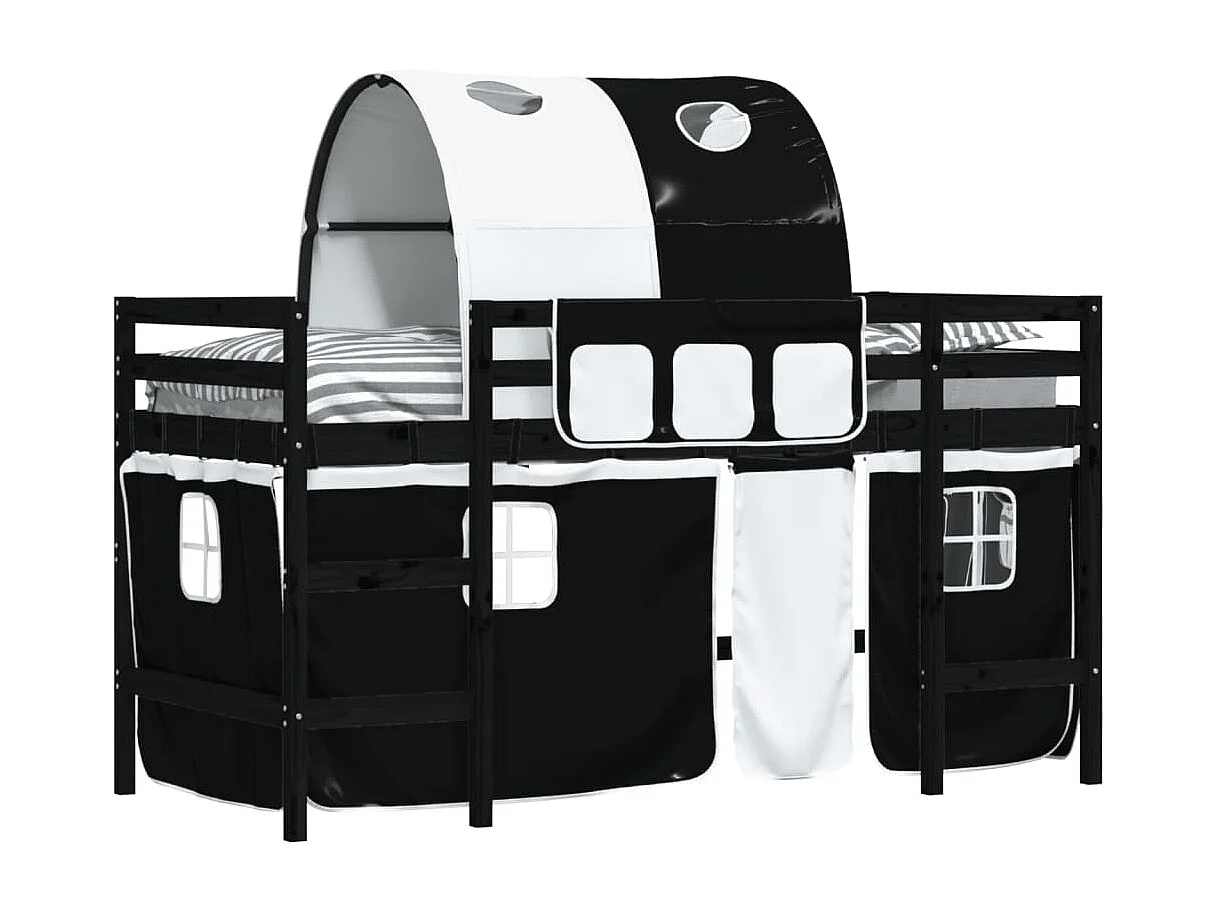 Lit mezzanine enfants et tunnel blanc-noir 80x200 pin massif