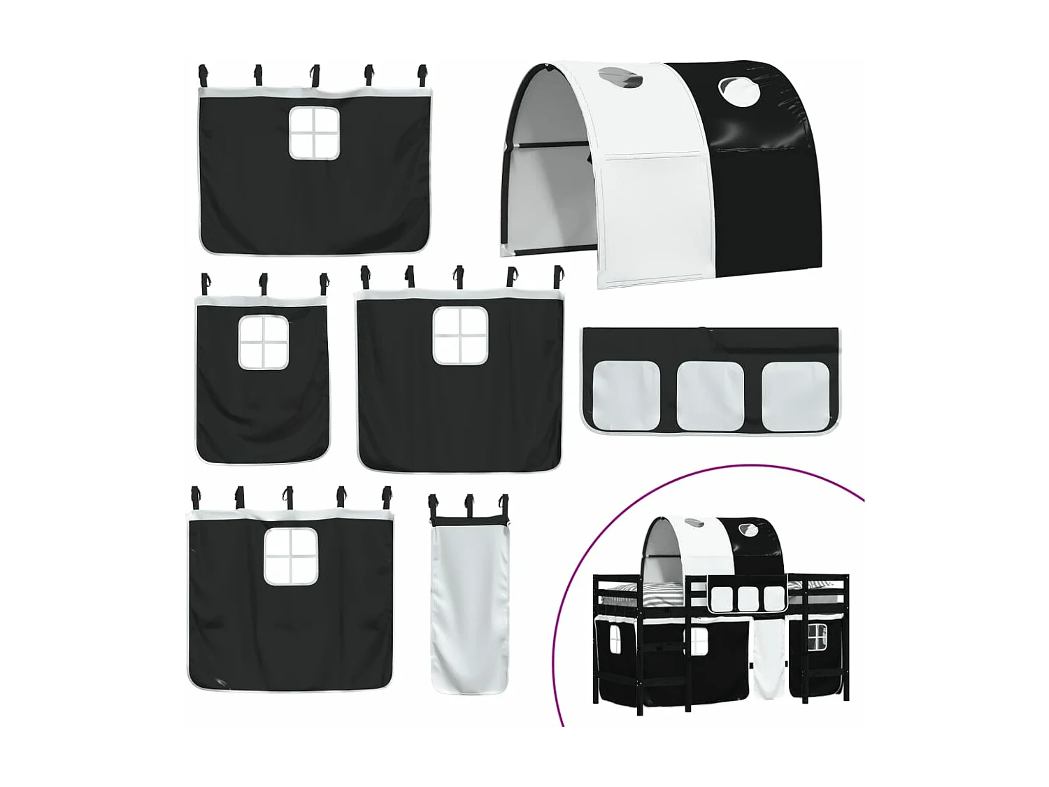 Lit mezzanine enfants et tunnel blanc-noir 80x200 pin massif