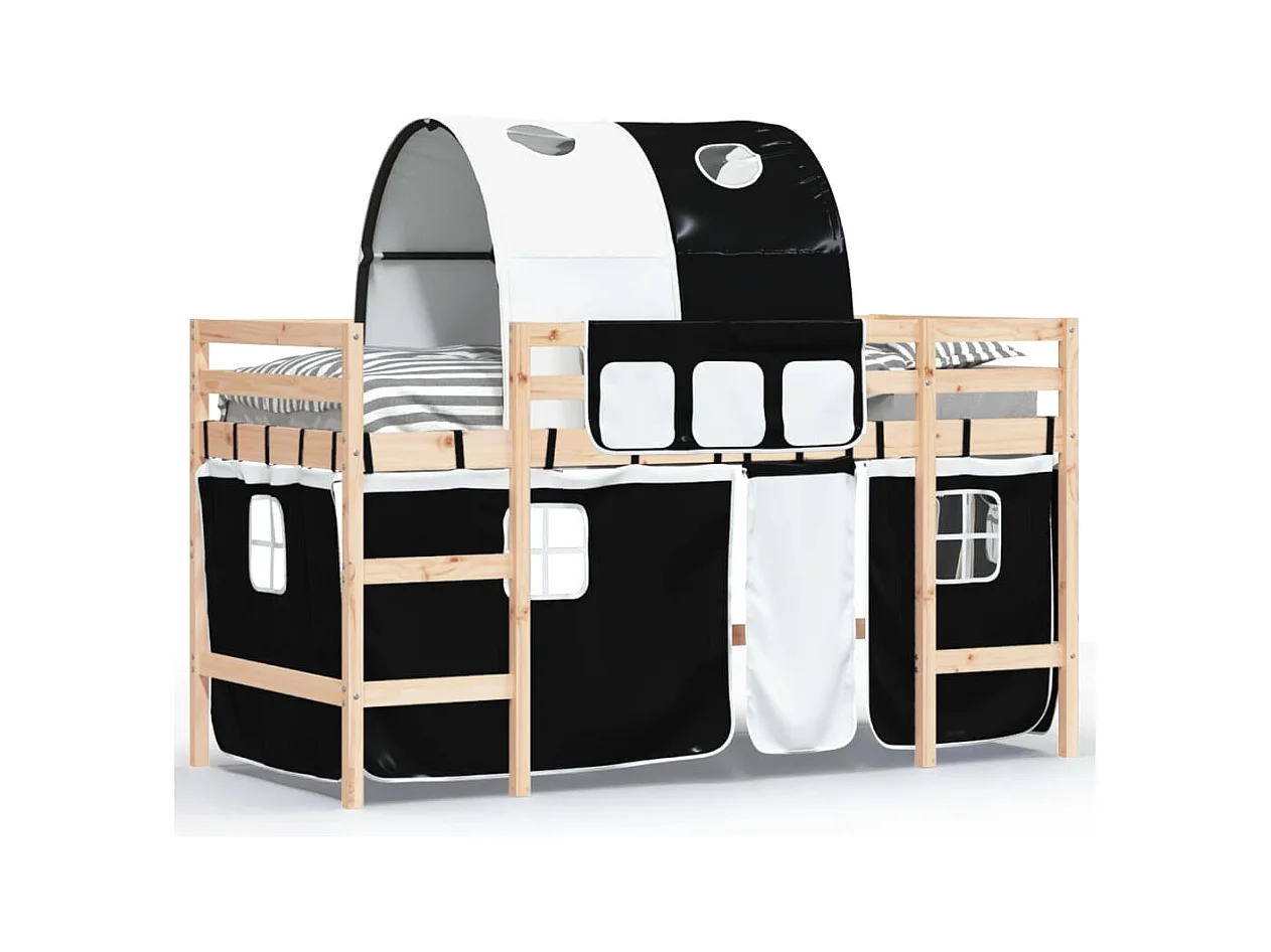 Lit mezzanine enfants et tunnel blanc-noir 80x200 pin massif
