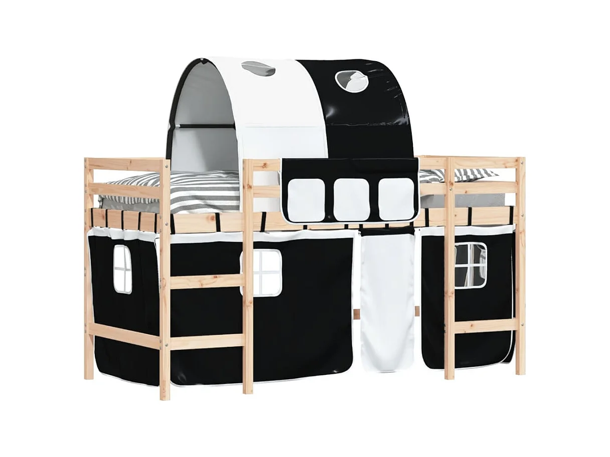Lit mezzanine enfants et tunnel blanc-noir 80x200 pin massif