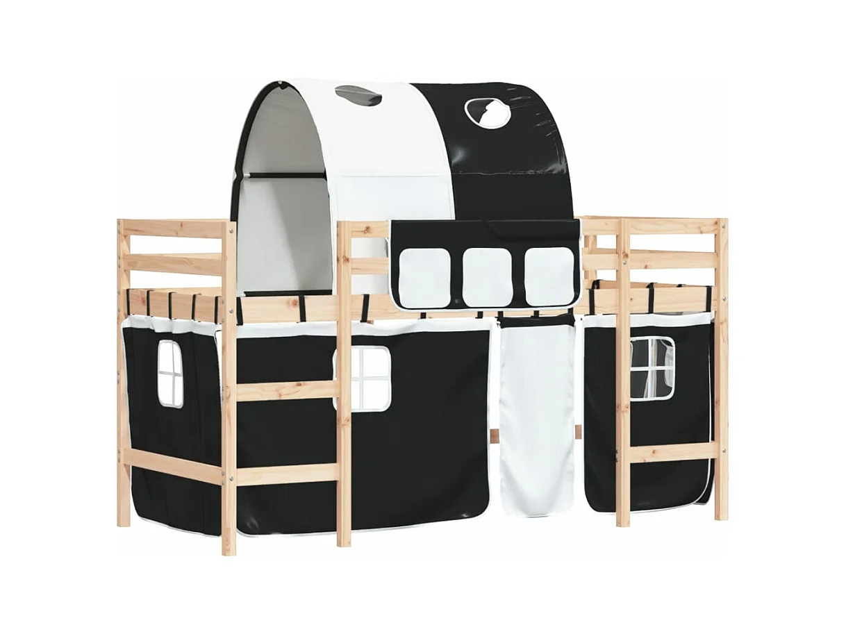 Lit mezzanine enfants et tunnel blanc-noir 80x200 pin massif