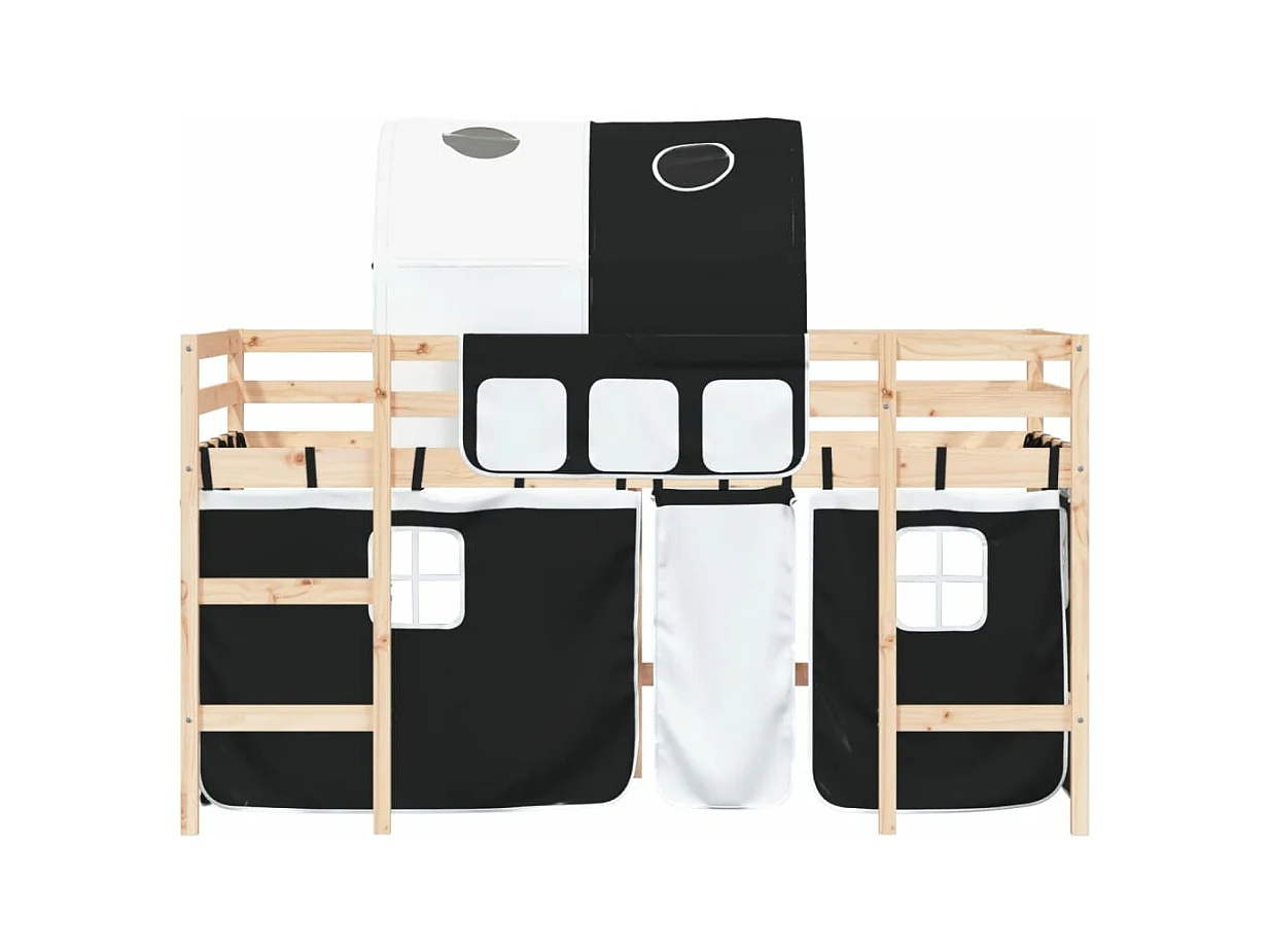 Lit mezzanine enfants et tunnel blanc-noir 80x200 pin massif