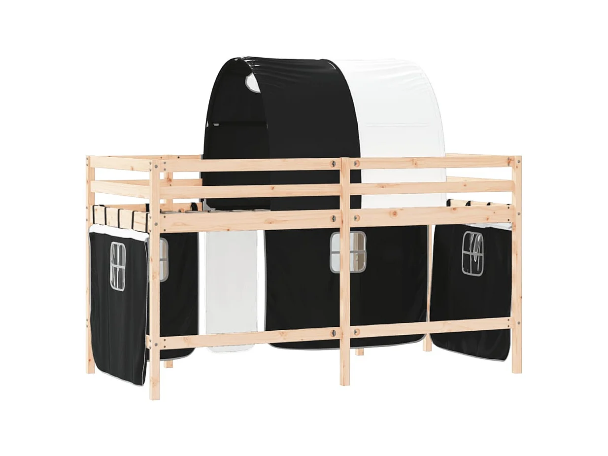 Lit mezzanine enfants et tunnel blanc-noir 80x200 pin massif