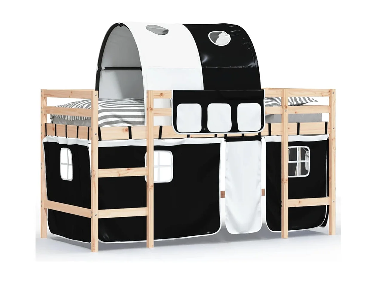 Lit mezzanine enfants et tunnel blanc-noir 80x200 pin massif