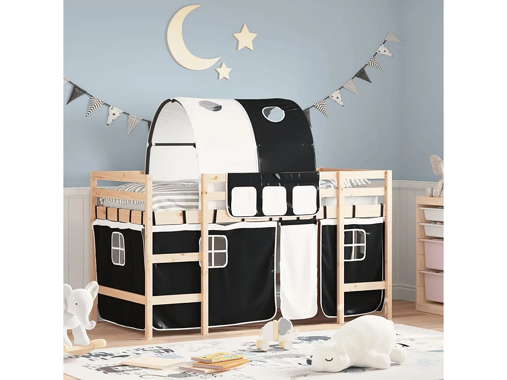 Lit mezzanine enfants et tunnel blanc-noir 80x200 pin massif