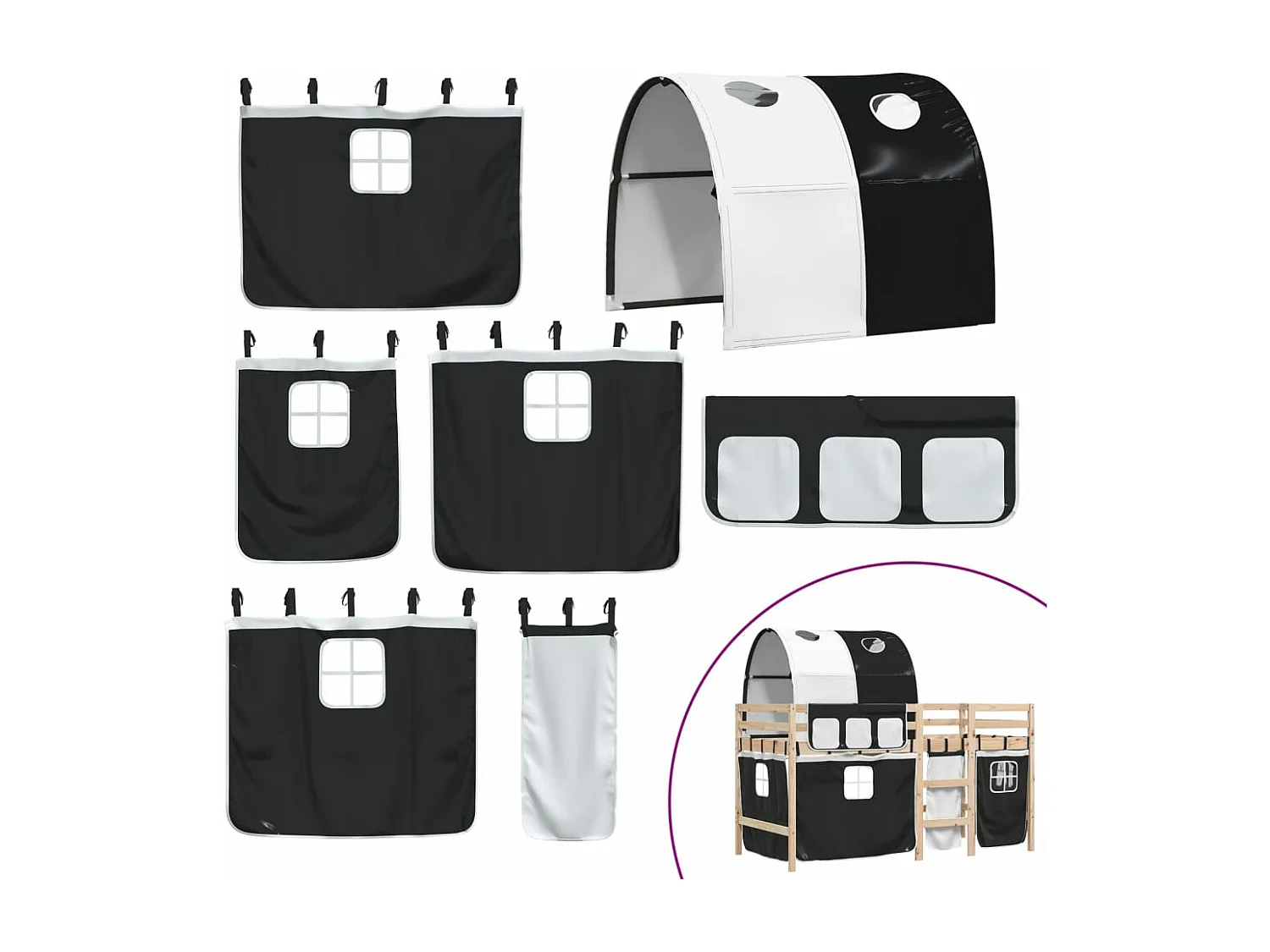 Lit mezzanine enfants et tunnel blanc-noir 90x190 pin massif