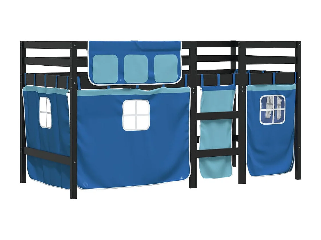 Lit mezzanine enfants et rideaux bleu 90x190 bois pin massif