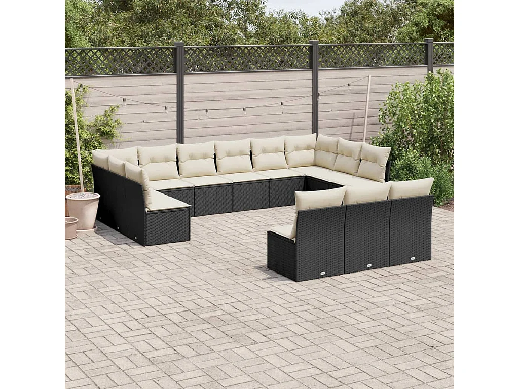 Salon de jardin avec coussins 13 pcs noir résine tressée
