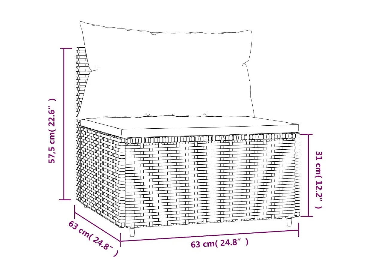 Canapé central de jardin avec coussins noir résine tressée