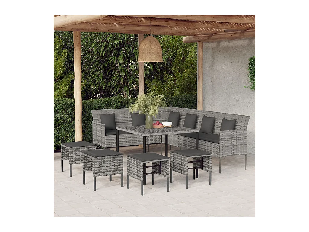 Ensemble à manger jardin 6pcs et coussins gris résine tressée