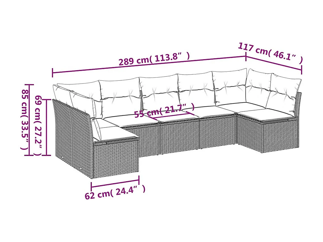 Salon de jardin avec coussins 7 pcs marron résine tressée